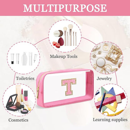 Small Clear Personalized Initial Makeup Bag, Preppy Nylon A-Z Chenille Letter Patch Makeup Organizer TSA Approved Travel Toiletry Bag,Waterproof Zip Beach Cosmetic Pouch Purse for Women(Pink-Pink T)
