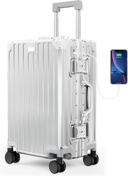 ALPHA CAMP Carry-On 20 Inch Luggage, Dual Layer Aluminum Frame with TSA 22x14x9 Airline-Approved Spinner Wheel, PC Hardside Zipperless sLightweight Suitcase, Type-C USB Charging Port, Cup Holder
