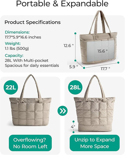 BAGSMART Expandable Tote Bag for Women, Puffer Work Tote Handbag, Quilted Carry On Bag for Travel Gym