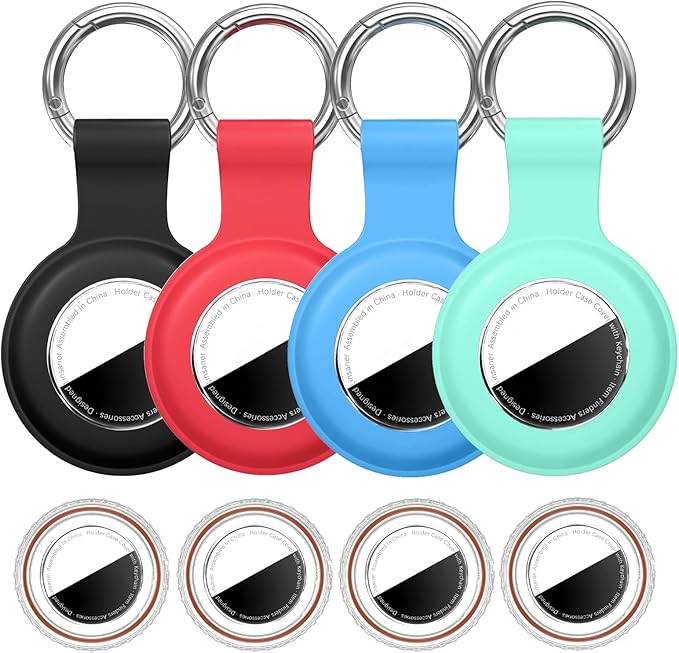 [4 Pack] for Airtag Holder Waterproof Case for Air Tags with Keychain,Shockproof GPS Cover [Anti-Scratch] [PC+Silicone] for Apple Tracker Finders Accessories, Black/Red/Sky Blue/Mint Green