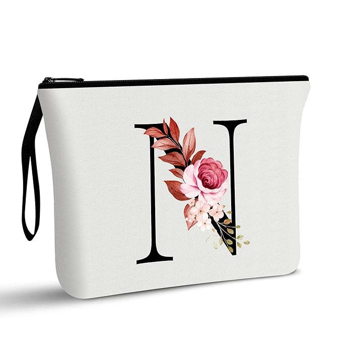 Vavabox A-Z Personalized Makeup Bag, Birthday Gifts for Women Mom, Gifts for Best Friend, Bride Bridesmaid Cosmetic bag (N, White)