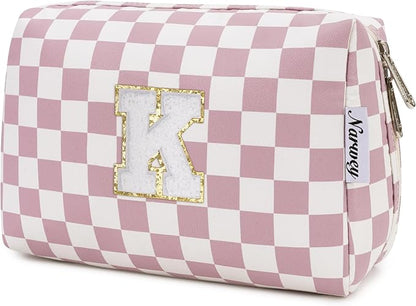 Narwey Birthday Gifts for Teen Girls Kids Women Personalized Initial Checkered Makeup Bag Pink Monogram Cosmetic Bag Trendy Stuff 6 8 10 11 12 13 14 16 18 Years Old Travel Toiletry Bag (Dusty Rose K)