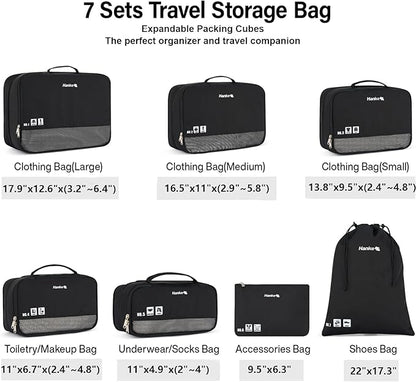 Hanke 7 Set Compression Packing Cubes for Travel, Expandable Large Packing Cubes for Suitcases and Backpack, Luggage Packing Organizer Bags with Double Zipper as Travel Essentials