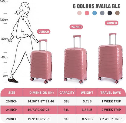 LARVENDER Luggage Sets 3 Piece, Hardside PP Carry On Luggage Suitcase with 360° Spinner Wheels Suitcase Sets for Women Men, Rose Gold