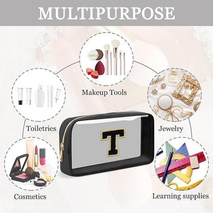 Small Clear Personalized Initial Makeup Bag, Preppy Nylon A-Z Chenille Letter Patch Makeup Organizer TSA Approved Travel Toiletry Bag,Waterproof Zip Beach Cosmetic Pouch Purse for Women(Black-Black T)