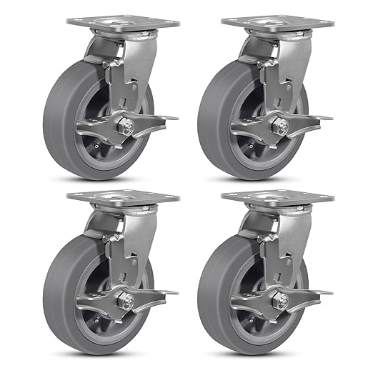6"x2" Rubber Wheels (Flat Tread)- Heavy Duty Casters, Industrial Caster Wheels- Set of 4 with up to 4000 LB Capacity- Use for Dollies, Workbench(4 Brake)