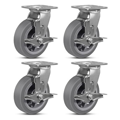 6"x2" Rubber Wheels (Flat Tread)- Heavy Duty Casters, Industrial Caster Wheels- Set of 4 with up to 4000 LB Capacity- Use for Dollies, Workbench(4 Brake)