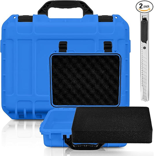 1 Pcs 11.3 x 8.7 x 4.2 Inch Waterproof Hard Case with DIY Customizable Foam Insert Portable Protective Case with Knife for Camera Drones Equipments Tools Test Instruments (Blue)
