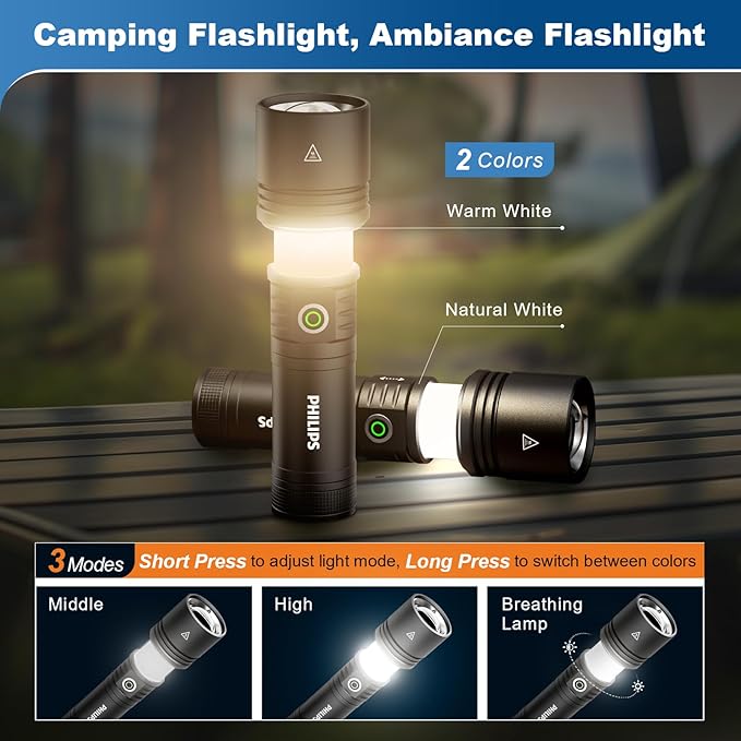 Philips Flashlights High Lumens Rechargeable with Ignition Lens,2500lm Tactical Flashlights with Camping Lamp,2 Colors Zoomable 5Modes Reverse Charging LED Bright Flashlight for Home Outdoor Gift