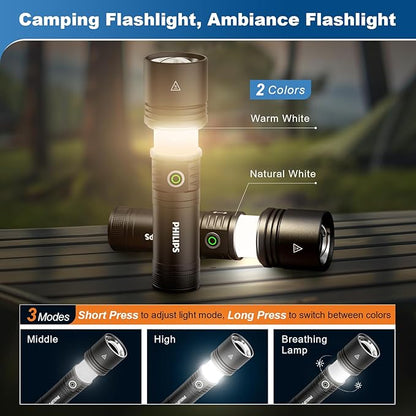 Philips Flashlights High Lumens Rechargeable with Ignition Lens,2500lm Tactical Flashlights with Camping Lamp,2 Colors Zoomable 5Modes Reverse Charging LED Bright Flashlight for Home Outdoor Gift