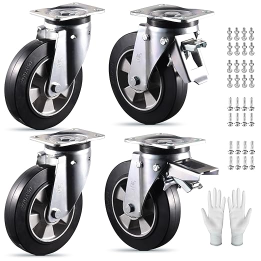 8 inch Casters Set of 4 Super Heavy Duty Plate Casters Swivel Industrial Aluminum Core Elastic Rubber Wheels for Cart Furniture and Workbench Locking Outdoor Dolly Castors Replacement Load 4400Lbs