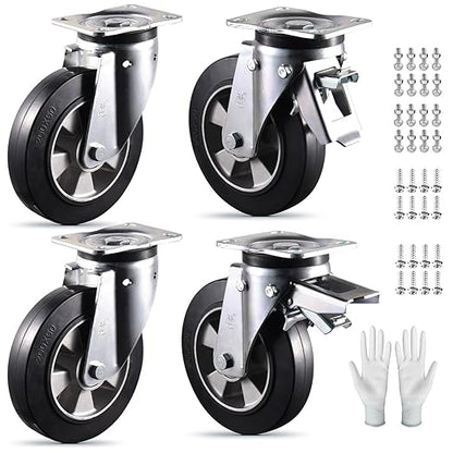 8 inch Casters Set of 4 Super Heavy Duty Plate Casters Swivel Industrial Aluminum Core Elastic Rubber Wheels for Cart Furniture and Workbench Locking Outdoor Dolly Castors Replacement Load 4400Lbs