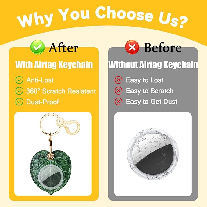 Leather Keychain for Airtag, Cute Protective Keychain Holder Compatible with Apple Air Tag,GPS Item Tracker Case Cover for Keys,Bags,Pets,Luggage(Leaf)