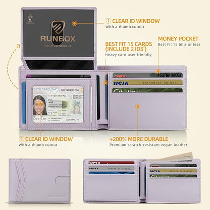 RUNBOX Wallet for Men Slim Rfid Leather 2 ID Window With Gift Box