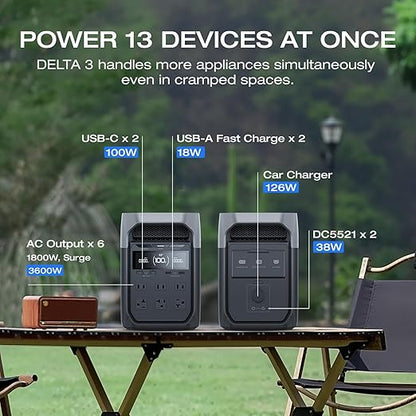 EF ECOFLOW Solar Generator Delta 3 with 160W Solar Panel, 1024Wh Portable Power Station, LFP Battery 1800W AC/100W USB-C Output, Full Charge in 56 Min for Home Backup Power, Camping & RVs