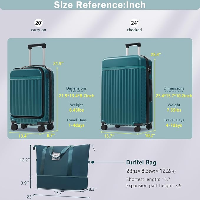 Merax Luggage Sets 3 Piece,Front Open Hardshell Expandable Suitcase with Spinner Wheels and Duffel Bags,Lightweight Carry on Luggage with USB Port,20/24IN,Dark Green