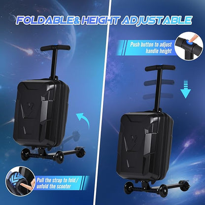 smilesun Scooter Suitcase for Kids & Adults, Foldable Carry On Travel Luggage, Hardside Ride on Scooter Suitcase with Spinner Wheels, Black
