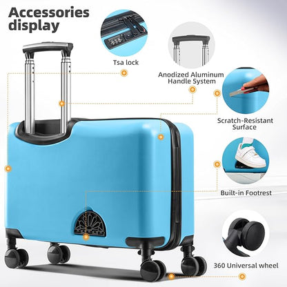 Kids Carry On Travel Ride On Scooter Luggage with Wheels - Durable Toddler Suitcase for Boys & Girls Ages 2-14