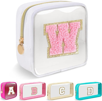 Iqimott Mini Clear Personalized Initial Makeup Bag, Small Preppy A-Z Chenille Letter Patch Cosmetic Pouch, Transparent PVC & Nylon Waterproof Zip Beach Toiletry Bag,Gift for Women Girls(White-Pink W)