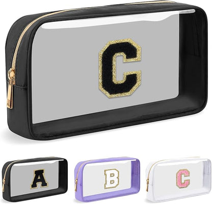 Personalized Initial Letter Clear Makeup Bag,Preppy Small Nylon&PVC Cosmetic Zipper Bag with Chenille Letter,Travel Skincare Toiletry Bag,Monogram Christmas Gift for Teen Girls Women,C