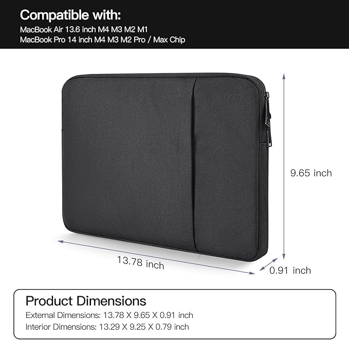 Laptop Sleeve Case for MacBook Air 13 inch M2 M3 M4 A3240 2025-2022, Compatible with MacBook Pro 14 inch M5 M4 M3 M2 M1 Pro/Max A2918 A2992 A2779 A2442 Water Resistant Computer Carry Bag-Black