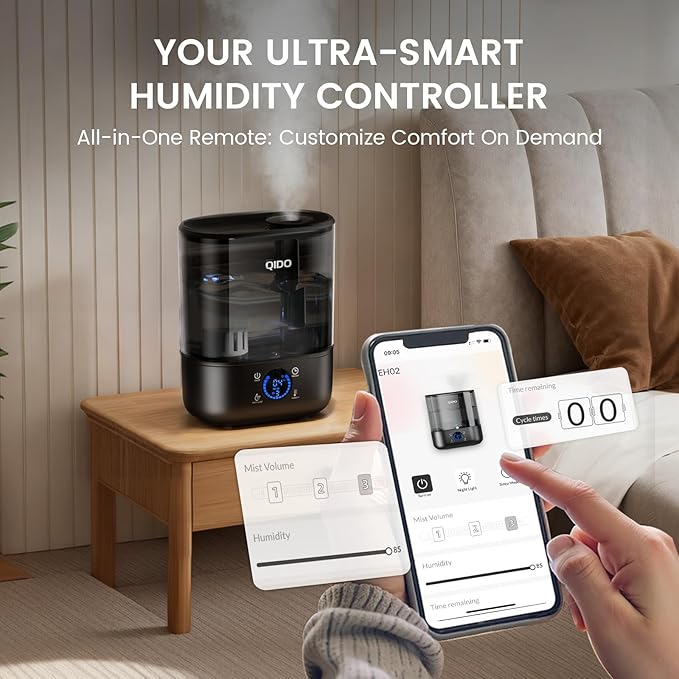 COMHOMA Smart Humidifiers for Bedroom, 5L Top Fill Supersized Humidifier Essential Oil Diffuser for Baby & Plants, 3 adjustable Mist with 28dB Quiet, Touch/APP/7-color Nightlight, 36H Runtime, Black