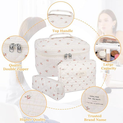 Makeup Bag Set, Quilted Makeup Bag, Large Floral Cosmetic Bag for Women, Cute Cotton Makeup Bags, Flower Travel Toiletry Organizer Bag(Plaid Floer)