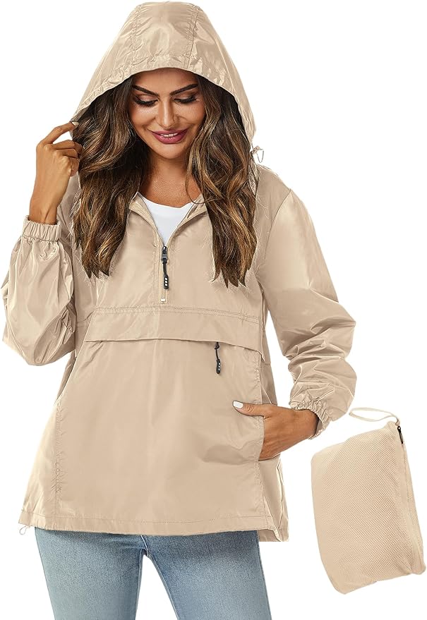 Avoogue Womens Rain Jacket with Hood,Pullover,Packable,Lightweight,Windbreaker,Waterproof,Breathable.