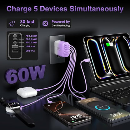 USB C Fast Wall Charger Block, 2Pack 60W USBC Charging Cubes, 5-Port PD+QC Power Adapter Multiport Brick Type C Box Plug for Phone 16/15/14/13/12/11/Pro Max/Plus, Pad Mini/Pro/S25/S24