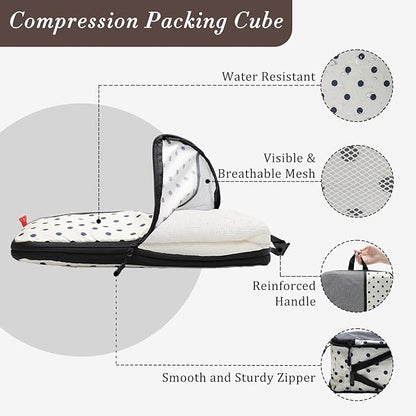 U+U 8 Set Compression Packing Cubes - Ultralight Travel Organizers with Laundry Bag and Cosmetic Bag, Space-Saving Suitcase Organizer for Travel, Business Trip and Family Vacation (Polka Dot)