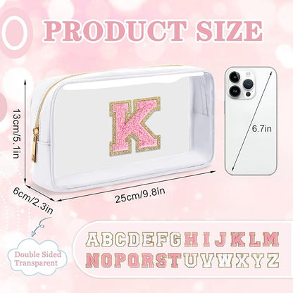 Small Clear Personalized Initial Makeup Bag,Nylon Preppy A-Z Chenille Letter Patch Cosmetic Pouch Beach Toiletry Bag,Waterproof Zipper Travel Purse Storage Bag Organizer for Women Girls(White-Pink K)