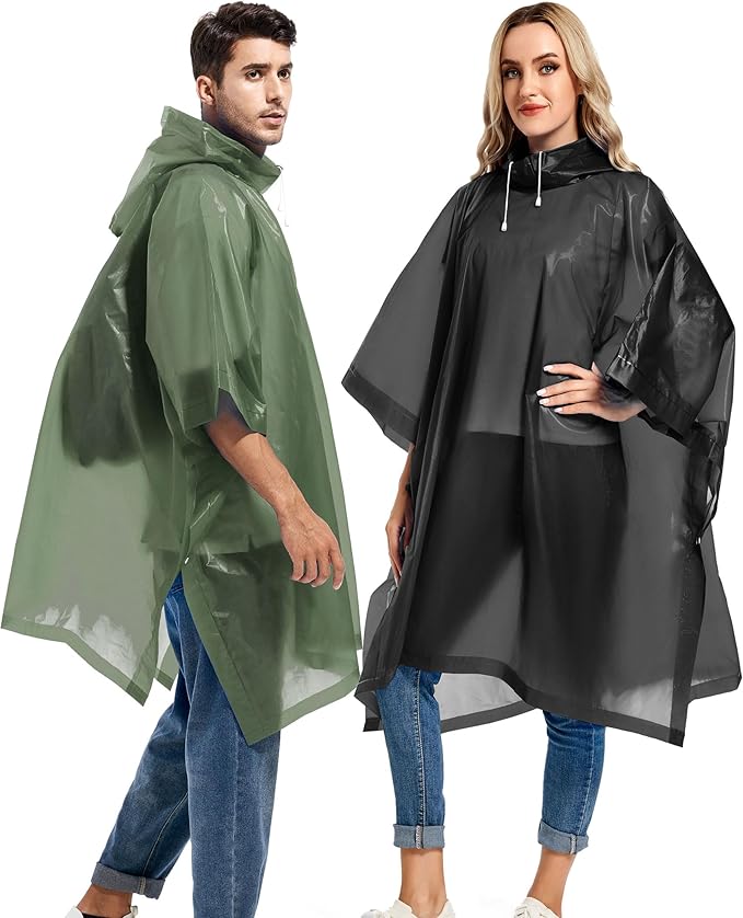 2 Pack Rain Ponchos for Adults Reusable - Raincoats Survival Emergency Heavy Duty Rain Coat with Drawstring Hood