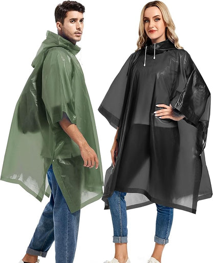 2 Pack Rain Ponchos for Adults Reusable - Raincoats Survival Emergency Heavy Duty Rain Coat with Drawstring Hood