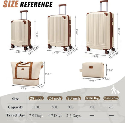 KUNEL Expandable 5 Piece Luggage Sets with Detachable Spinner Wheels and TSA Lock, Unisex Hardside ABS Suitcase Set, Hardshell Lightweight Waterproof Travel Hard Case Suitcases with Wheels, Beige