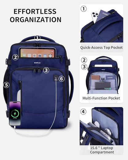 ECOHUB 17" Small Travel Backpack, United Airlines Personal Item Bag 17x10x9 with 16 Pockets, Water Resistant Rucksacks Fit 15.6" Laptop, AirTag Pocket, Lightweight Casual Daypack, 25L, Blue