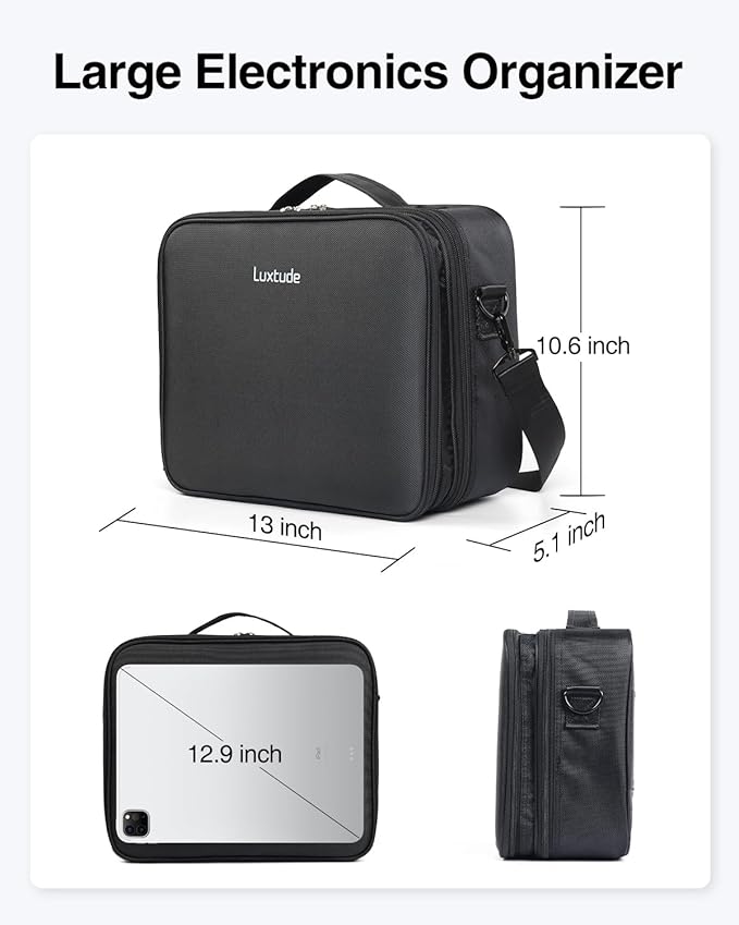 Luxtude Electronic Organizer Travel Case Large, Double Layer Tech Carrying Case, Home Electronics Bag Fits for iPad (Up to 12.9 in)