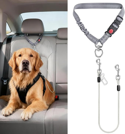Idepet Dog Seat Belt for Car, 2 Pcs Stainless Steel Chew Proof Dog Seatbelt 3 in 1 Harness for Safety Heavy Duty Pet Seat Belt for Medium & Large Dogs (Grey