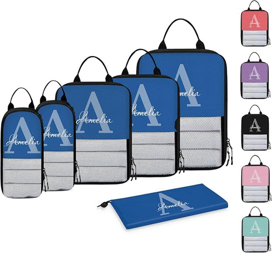 Personalized 6 Set Compression Packing Cubes for Travel Accessories Custom Name Luggage Carry On Suitcase Compressible Expandable Packing Organizer, Blue Initial