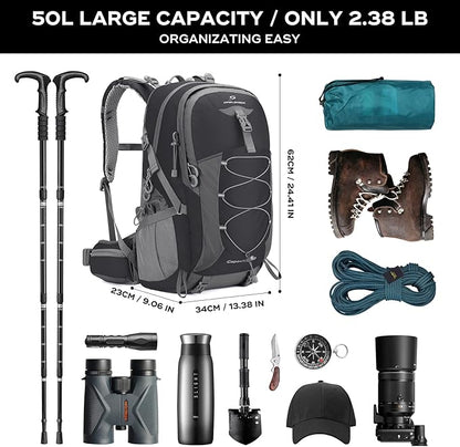 Maelstrom Hiking Backpack,Camping Backpack,50L Waterproof Hiking Daypack with Rain Cover,Lightweight Travel Backpack,Black