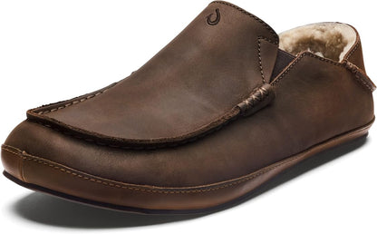 OLUKAI Moloa Slipper, Men's Premium Leather Slip-On Shoes, Soft Genuine Shearling Lining & Gel Insert, Drop-In Heel & All-Day Comfort