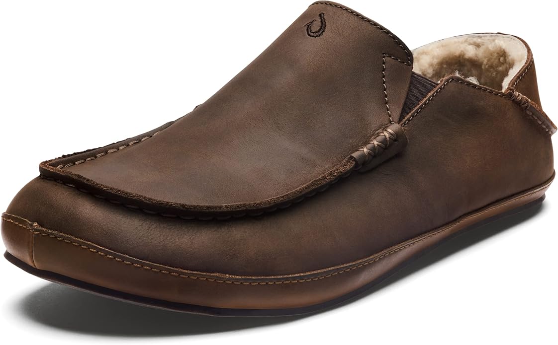 OLUKAI Moloa Slipper, Men's Premium Leather Slip-On Shoes, Soft Genuine Shearling Lining & Gel Insert, Drop-In Heel & All-Day Comfort