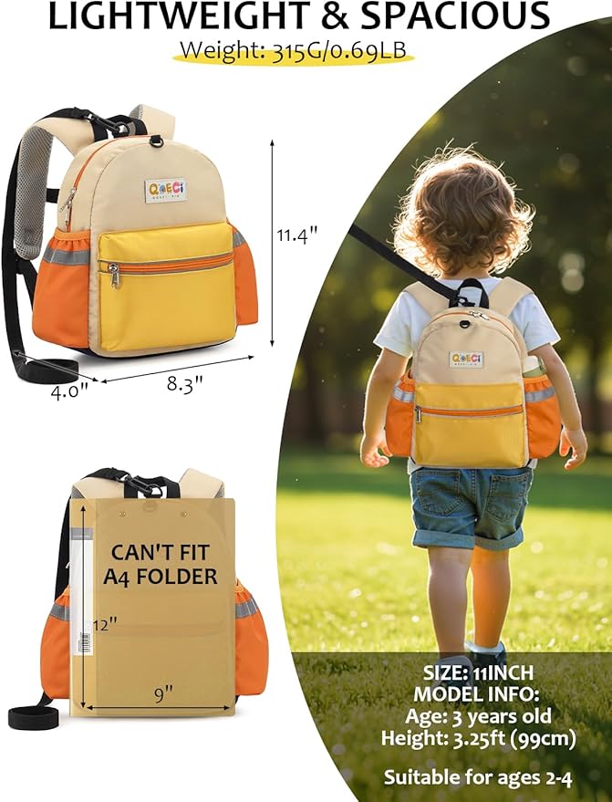 Toddler Backpack with Leash for Boys Girls Kids Kindergarten Nursery, 11” Baby Leash Backpack with Reflective, Toddler Bookbag with Anti-Lost Harness for Walking, Yellow