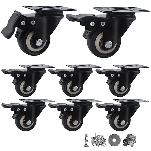 2 Inch Caster Wheels Set of 8, Heavy Duty Casters,with Brake,No Noise Locking Polyurethane (PU) Wheels, for Furniture and Workbench Load 800lbs