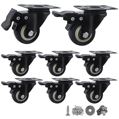2 Inch Caster Wheels Set of 8, Heavy Duty Casters,with Brake,No Noise Locking Polyurethane (PU) Wheels, for Furniture and Workbench Load 800lbs