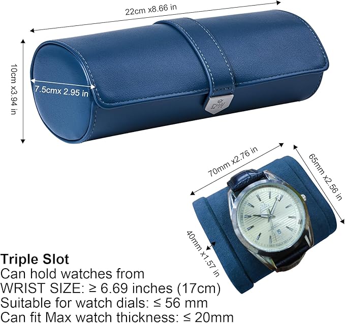 DUKWIN Watch Roll for 3 Watches, Vegan Leather Travel Watch Case Organizer with Removable Pillows for Men and Women,Display Case for Watches Collection and Gift for Anniversary Birthday(Blue Storage)