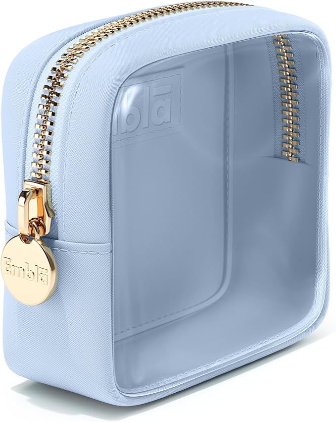 Embla London Makeup Bag Cosmetic Case, Clear Zipper Make Up Pouch and Toiletry Travel Tote, Cute Skincare Pouches for Women Girls, Preppy Purse Cosmetic Organizer, Mini Makeup Bags, Sky Blue