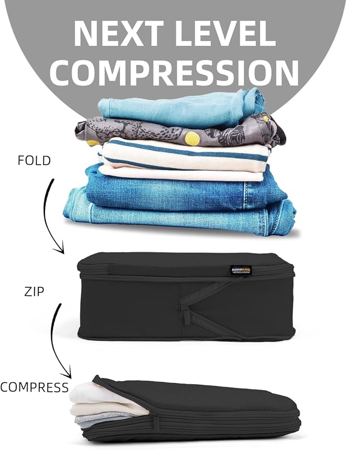 Compression Packing Cubes for Travel, 6-Piece Set (Large/Medium/Small), Double-Zip Luggage Organizers for Suitcase & Carry-On, Clothes Storage Bags (6 Pack, Pure Black)
