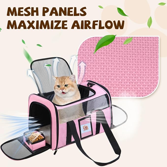 Cat Carrier Soft for Pets Up to 15 Lbs, Cat Travel Bag with Padded Shoulder Strap and Detachable Cat Food Bowl, Pet Dog Carriers for Small Dogs Travel Puppy Carry Airline Approved, Pink