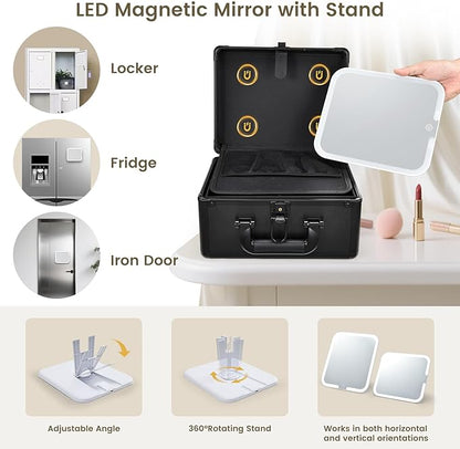 Makeup Case with Lighted Vanity Mirror, Makeup Organizer Box Travel Make up Case with LED Mirror Portable Cosmetic Train Case for Countertop Lockable Makeup Suitcase with Adjustable Dividers