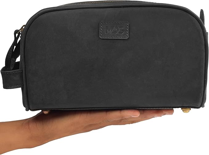 mds Genuine Leather Toiletry Bag for Men - Unisex Rustic Classic Vintage Handcrafted Full-Grain Leather Travel Dopp Kit with Waterproof Lining & Handle, Shaving & Grooming Kit Organizer Pouch - Black